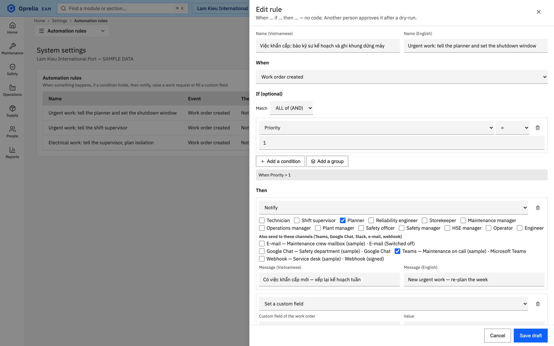 Rule editor setting a custom field on a work order